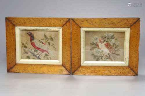 A pair of 19th century petit point panels of birds in maple ...