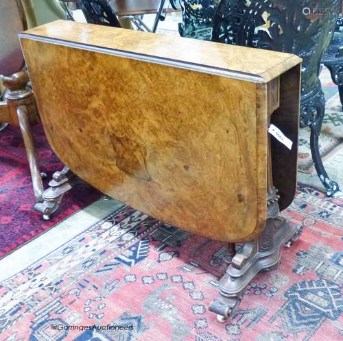 A Victorian burr walnut Sutherland table. 120cm extended, H-...