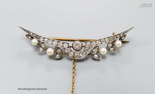 A Victorian yellow metal, diamond and seed pearl set demi-lu...