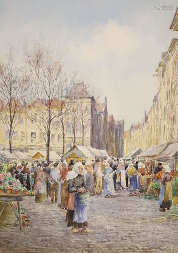 Henry Stann, watercolour, French market scene, signed, 46 x ...