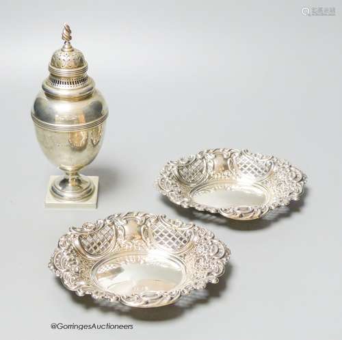 A George VI silver sugar caster, London, 1937, 18cm, togethe...