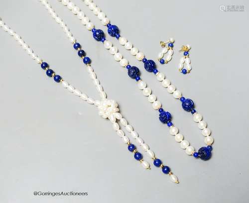 A modern freshwater pearl and lapis lazuli drop necklace wit...