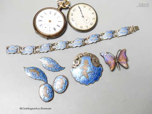 A white metal and enamel bracelet and brooch and other minor...