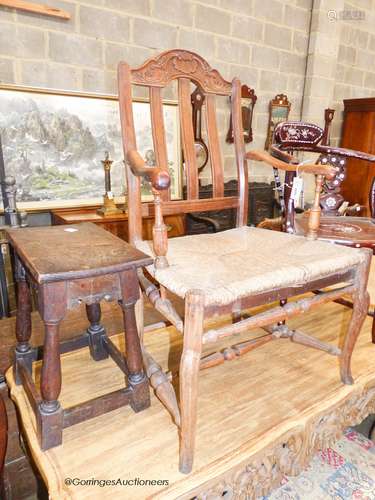 An early 18th century oak rectangular topped stool and an oa...