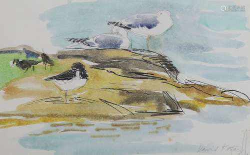 David Koster (1926-2014), charcoal and watercolour, gulls on...