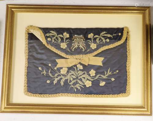 A framed 19th century embroidered silk bag26x38cm