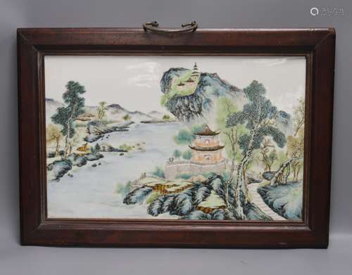 A Chinese enamelled porcelain plaque, in hardwood frame, 27 ...