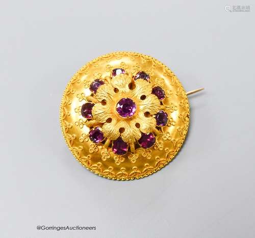 A Victorian yellow metal and ten stone garnet set cannetile ...