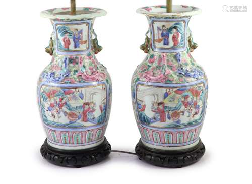 A pair of 19th century Chinese famille rose baluster vases, ...