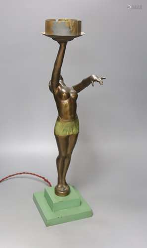 An Art Deco patinated spelter figural lamp, overall height 5...