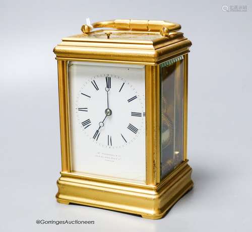 A large French brass repeating carriage clock, retailed by W...