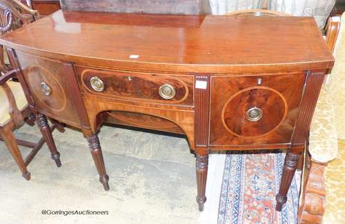 A George IV banded mahogany bow front sideboard, length 152c...