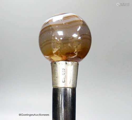 A late Victorian banded agate ball top cane, maker’s mark RB...