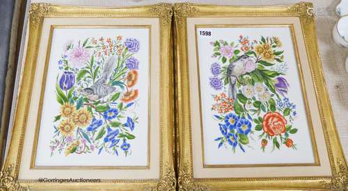 A pair of Boehm painted porcelain plaques, birds amongst fol...