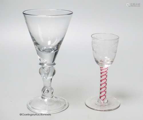 An early 18th century light baluster wine glass and an Engli...