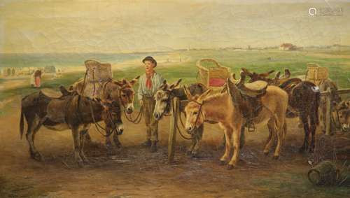 Henry Garland (fl.1854-1900), oil on canvas, Donkeys on a be...