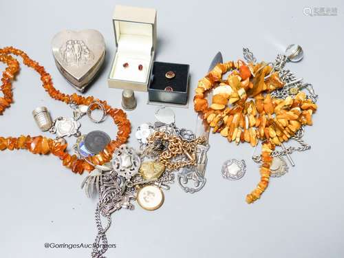 Mixed jewellery etc. including amber necklaces, silver trink...