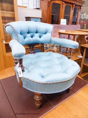 A Victorian walnut buttoned tub framed elbow chair, width 66...