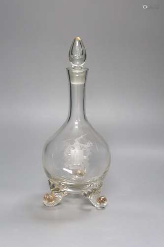 A 19th century etched glass decanter with stopper, height 30...