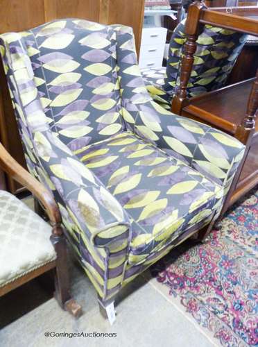 An Edwardian armchair in Sanderson fabric, width 76cm, depth...