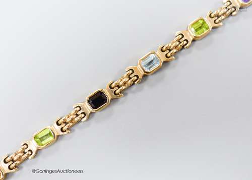 A modern 9ct gold and multi gem set bracelet, 18.4cm, gross ...