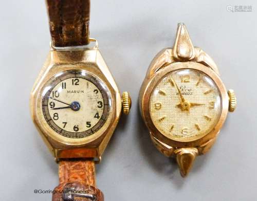 Two lady's 9ct gold cased manual wind wrist watches, includi...