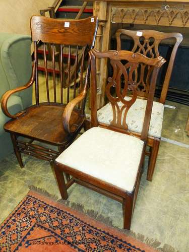 A late Victorian ash and elm stick back elbow chair and two ...