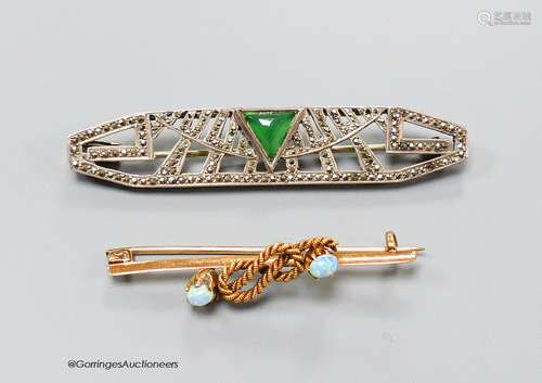 A yellow metal and two stone opal set ropetwist bar brooch, ...