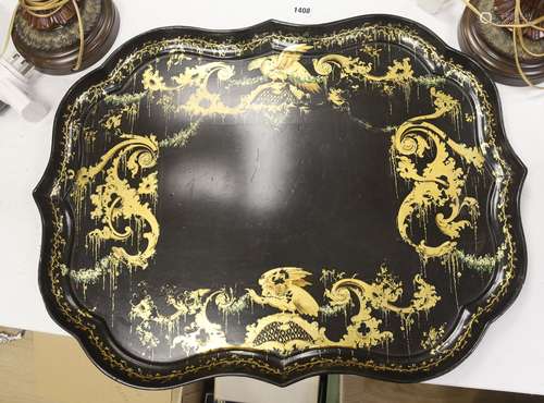 A large 19th century japanned papier mache tray, by B. Walto...