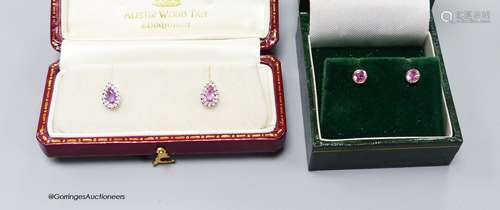 A modern pair of 18ct white gold, pink sapphire and diamond ...