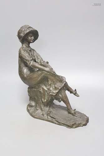 A Lost wax bronze of a seated lady, indistinctly signed, hei...