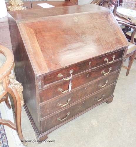 A George III mahogany bureau, width 91cm, depth 56cm, height...