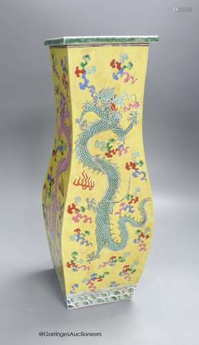 A Chinese yellow ground 'dragon' square baluster vase, 43.5c...