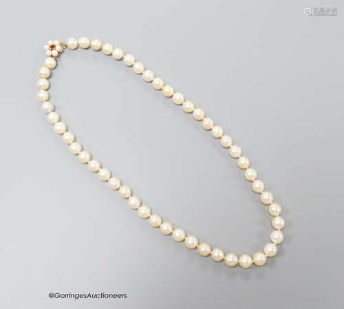 A single strand cultured pearl choker necklace, with garnet?...