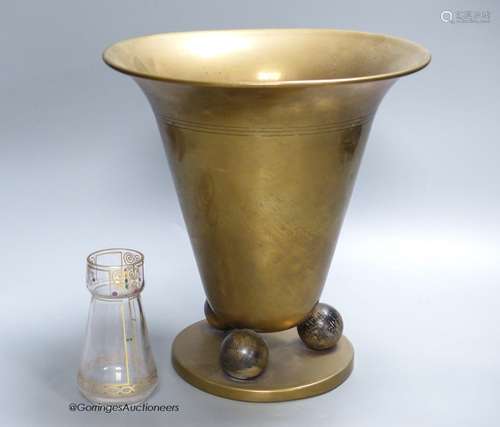 A Hoffman style brass vase and a small secessionist style gl...