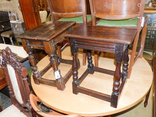 Two 17th century style oak joint stools, larger width 42cm, ...