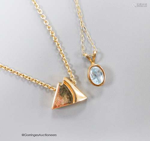 A 14ct gold triangular pendant on 14ct gold chain, gross 5.7...