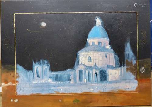 Spanish School, oil on canvas, Moonlit temple scene, 109 x 8...