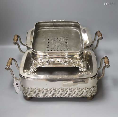 A pair of old Sheffield plated chafing dishes, width overall...