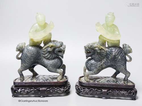 A pair of Chinese bowenite Jade figures of boys riding a qil...