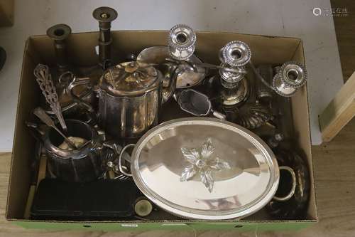 Assorted plated wares including tea set, candelabra, flatwar...