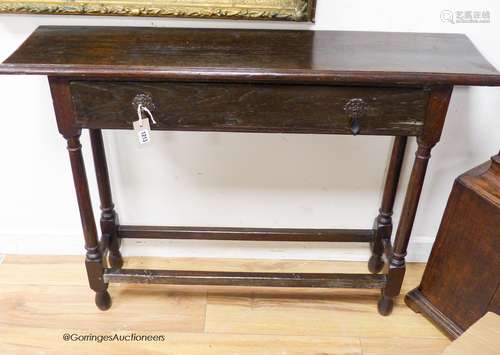 A narrow oak rectangular side table,fitted drawer (made up),...