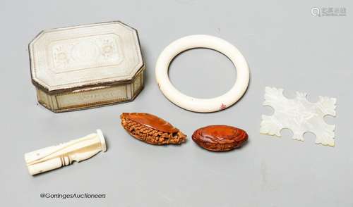 A 19th century panelled mother of pearl box together with a ...