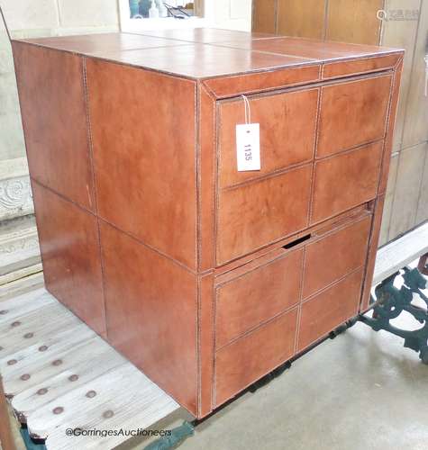 Stitched Tan leather two draw filing cabinet. W-54, D-60, H-...