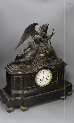 A large 19th century French bronze and black slate mantel cl...