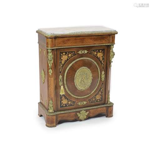 A Louis XVI style marquetry inlaid walnut, marble topped pie...