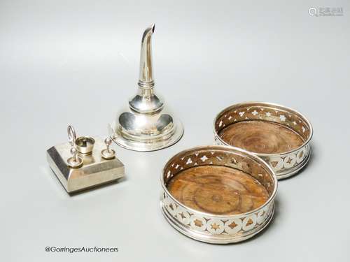 A silver plated wine funnel, a pair of plated coasters and a...