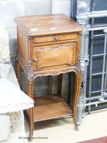 A late 19th century French walnut bedside cupboard, W.42cm D...