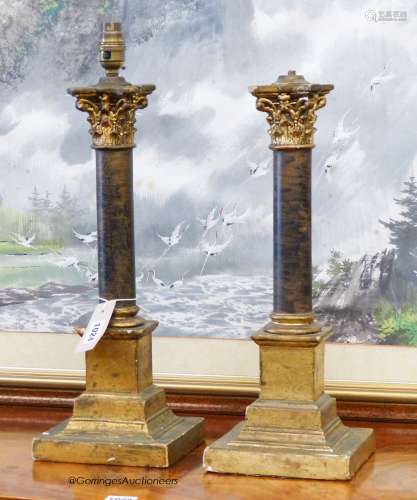 A pair of faux ormolu corinthian column table lamps, height ...