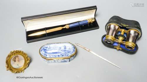 A Delft box, miniature binoculars, a mother of pearl pen and...